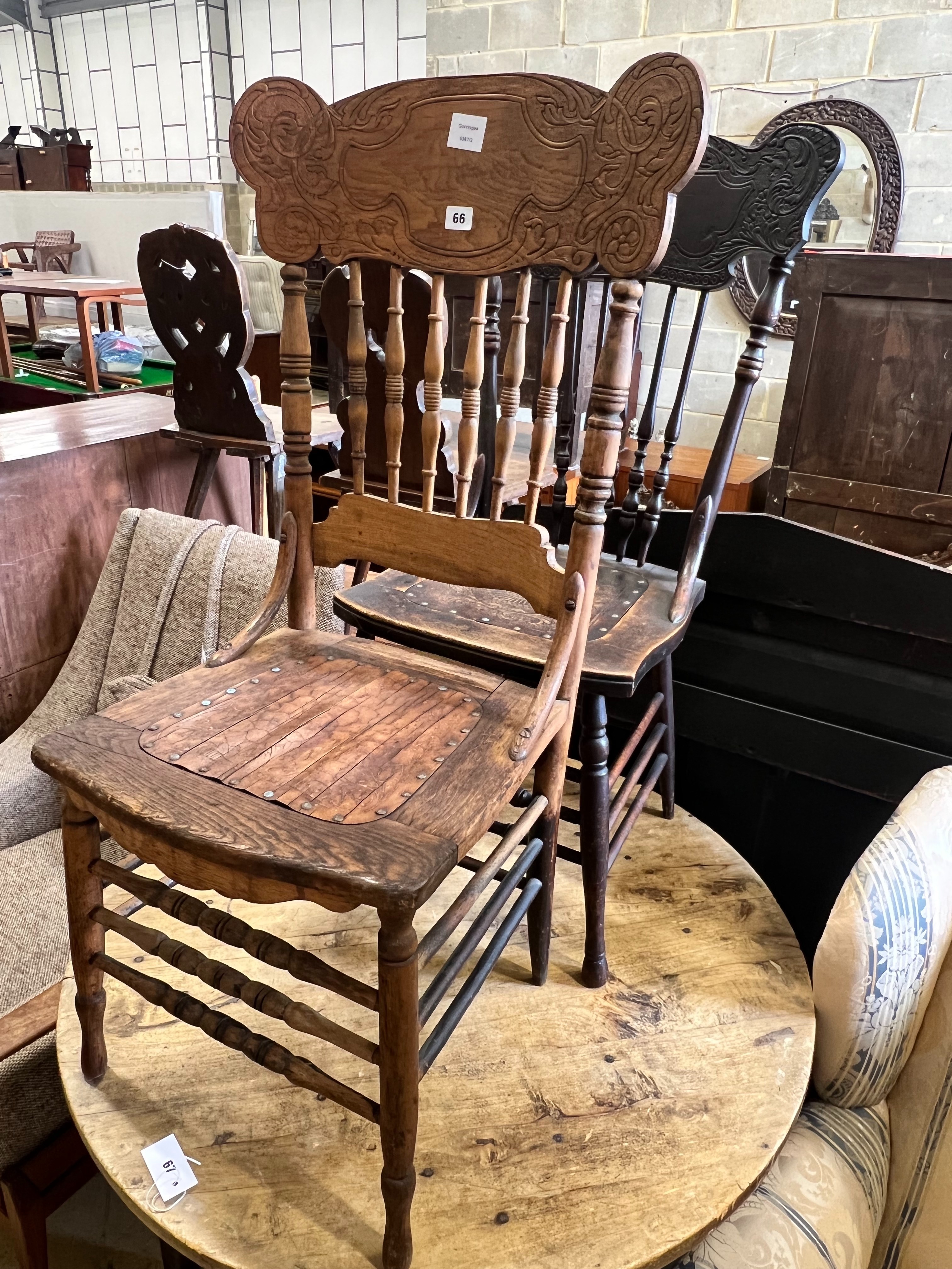 Two American stick back wood seat chairs